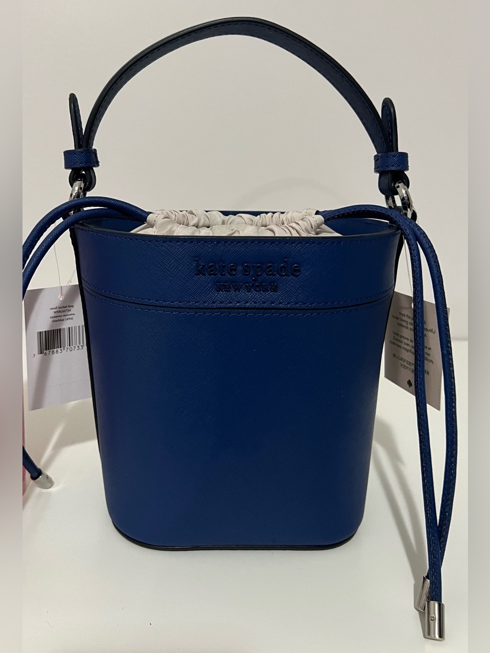 kate spade Blue Leather Bucket Crossbody Bag with Cream Drawstring